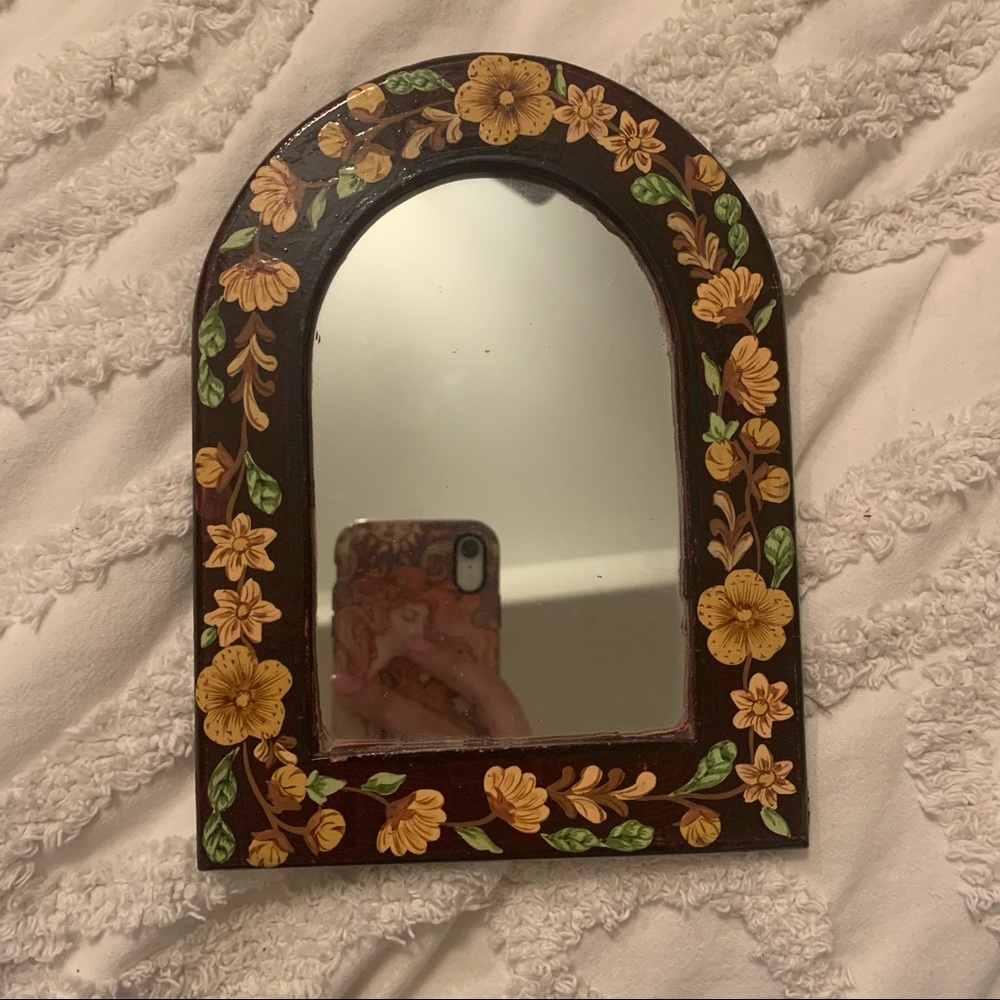 Vintage 70s Painted Floral Brown & Yellow Mirror